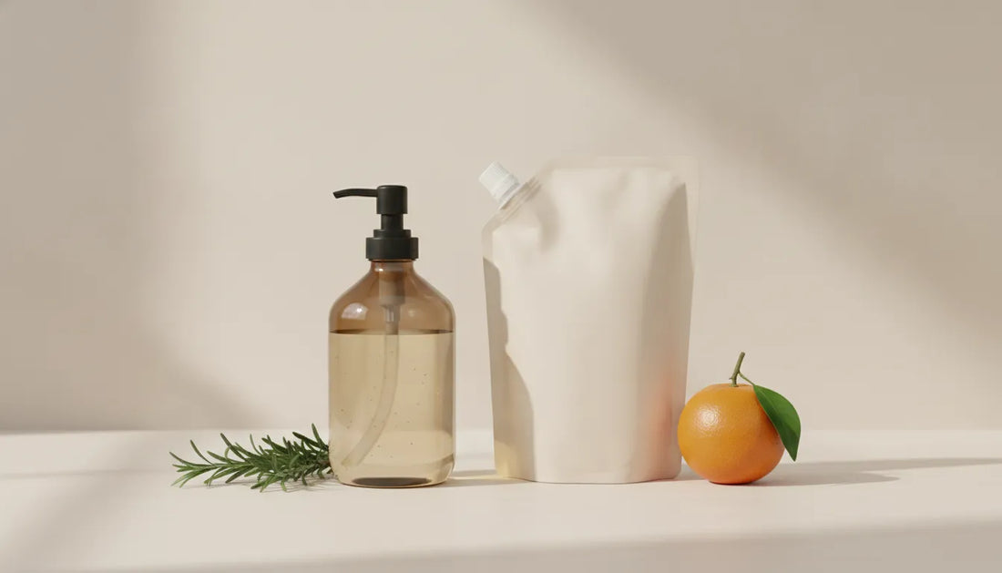 Refillable glass soap dispenser beside a kraft-paper refill pouch on a bathroom counter