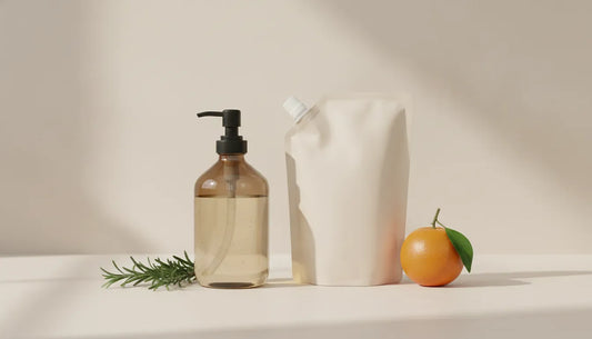 Refillable glass soap dispenser beside a kraft-paper refill pouch on a bathroom counter