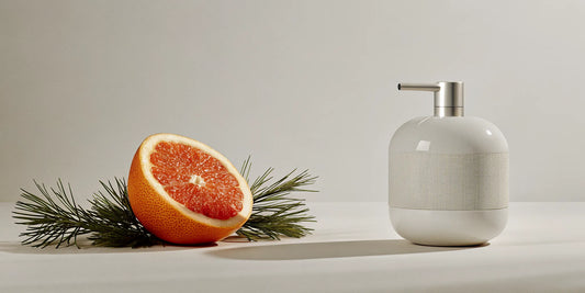 Bergamot citrus fruit on a marble counter beside a translucent dispenser with rosemary and cedar branches, spa aesthetic