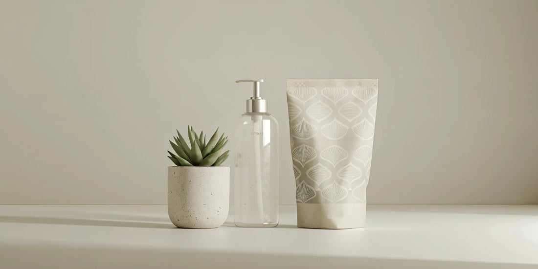 A reusable soap dispenser with a biodegradable soap refill pouch.