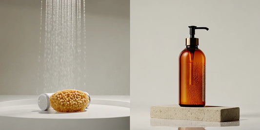 Hand soap and body soap in amber pump bottles with a sponge.