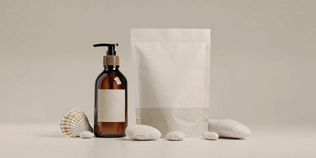 Reusable body wash dispenser beside a refill pouch