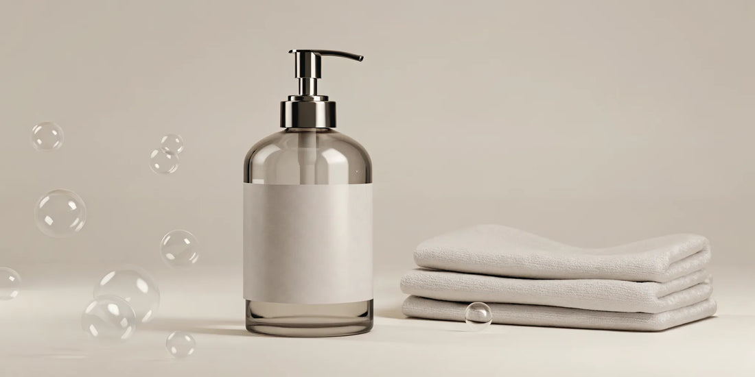 A glass hand wash dispenser on a counter, a smart reason to buy a hand wash refill.