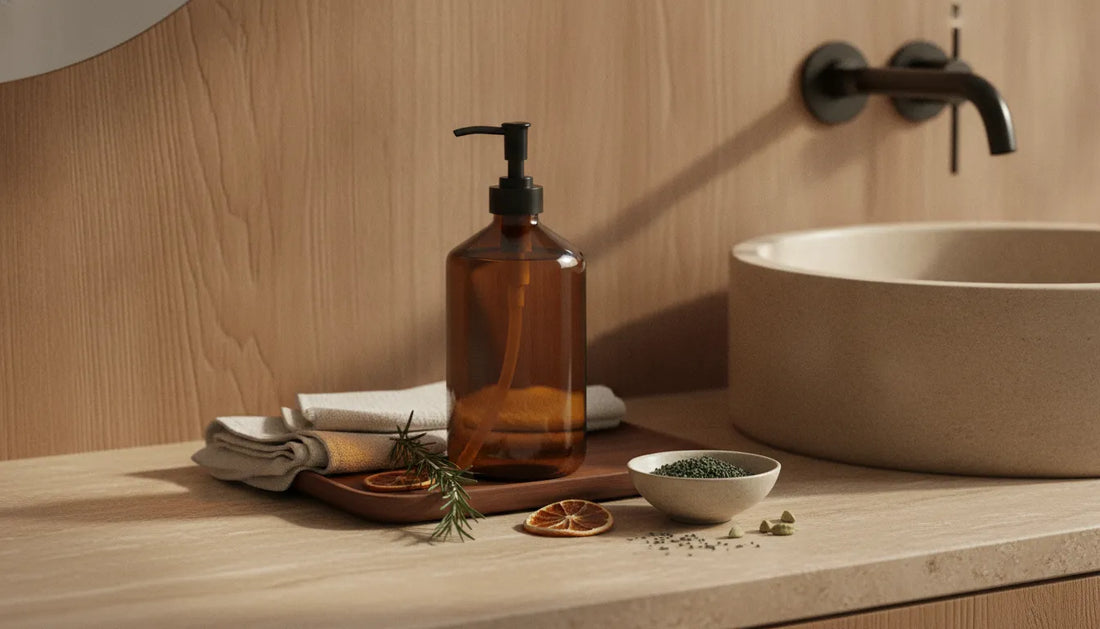 Designer fragrance hand soap beside a refined bathroom sink