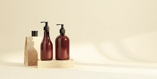 Designer hand soap dispensers on a polished stone counter