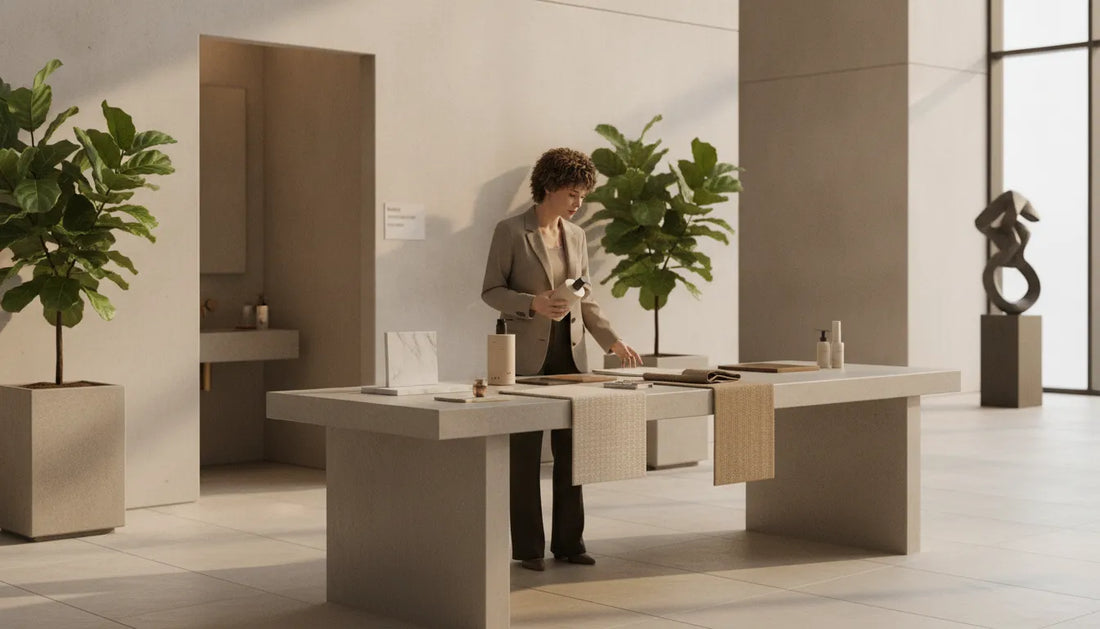 An interior designer reviewing an elegant translucent soap dispenser and plant-based hand soap in a bright, modern office restroom