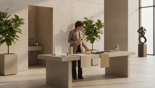 An interior designer reviewing an elegant translucent soap dispenser and plant-based hand soap in a bright, modern office restroom