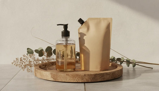 An earthy bathroom scene with a glass soap pump beside a kraft-paper refill pouch on a wooden tray