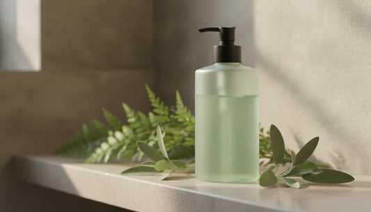 Reusable pump bottle of designer body wash on a stone shelf beside green botanicals in a spa-like luxury bathroom
