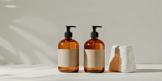 Refillable glass soap dispensers and kraft-paper refill pouches on a luxury hotel bathroom vanity