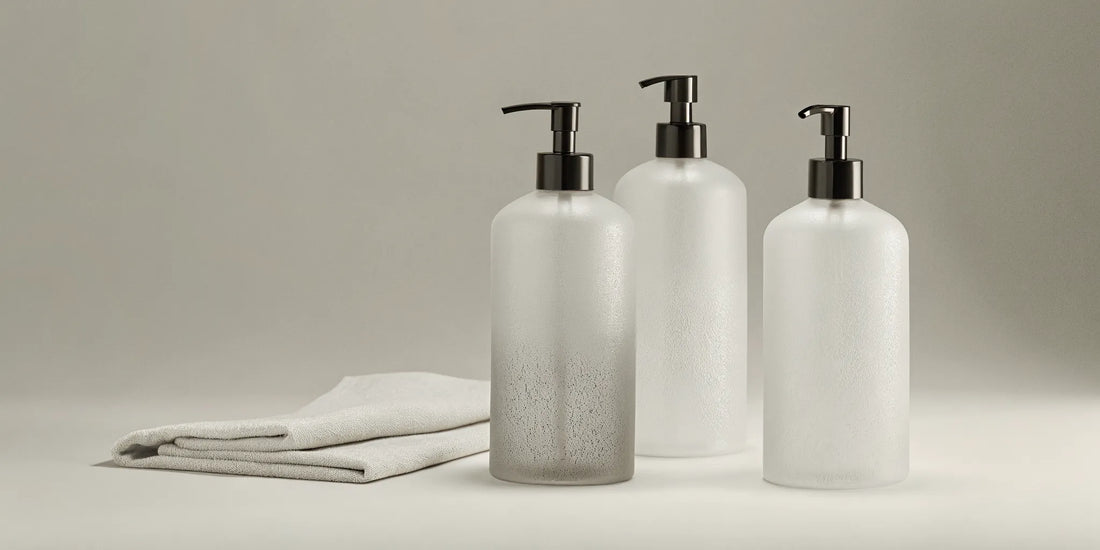 Frosted glass refillable hand wash bottles with pumps sit next to clean towels.