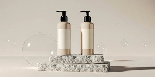 A luxury body wash and lotion set in minimalist pump bottles for a complete self-care routine.
