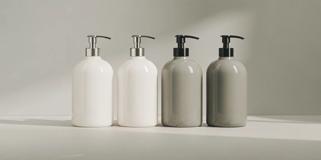 A selection of minimalist body wash dispenser bottles with pumps.