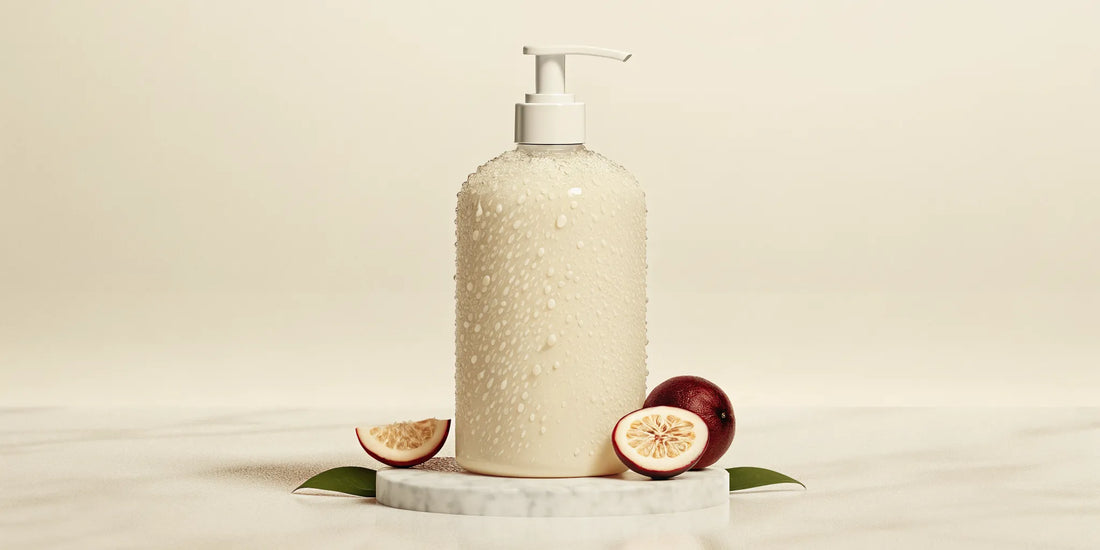 A bottle of fresh body wash with a zesty passionfruit scent.