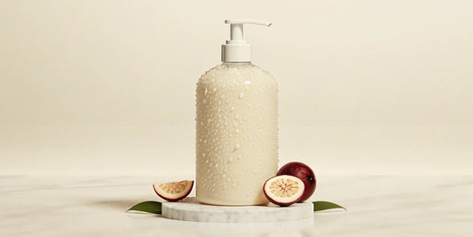 A bottle of fresh body wash with a zesty passionfruit scent.