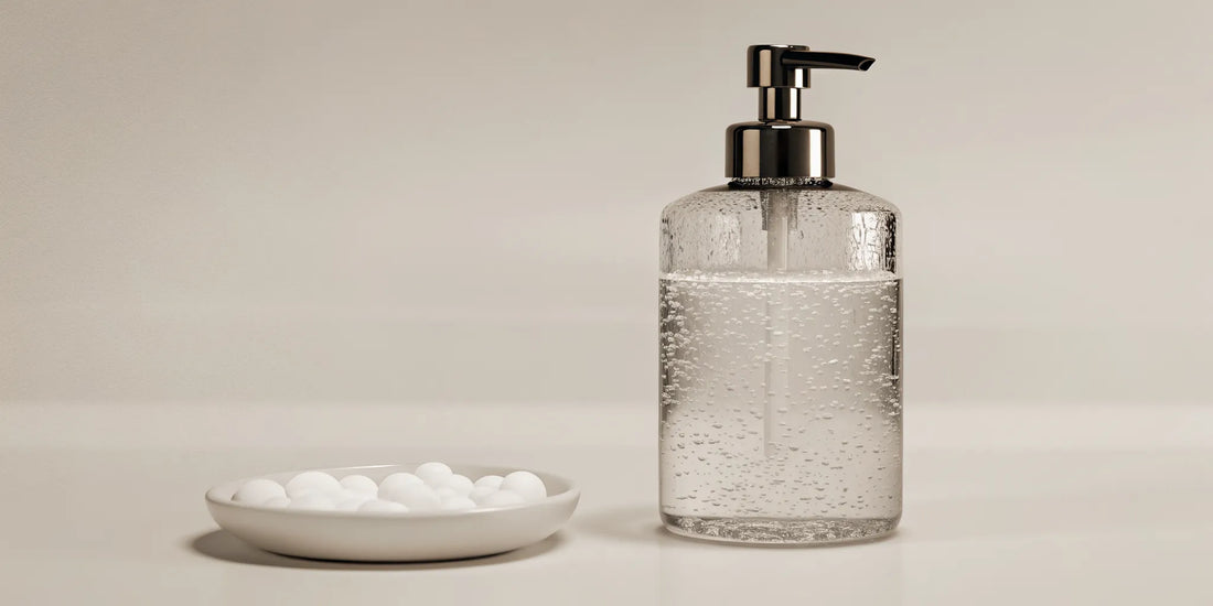 Foaming soap refill tablets in a bowl next to a reusable dispenser.