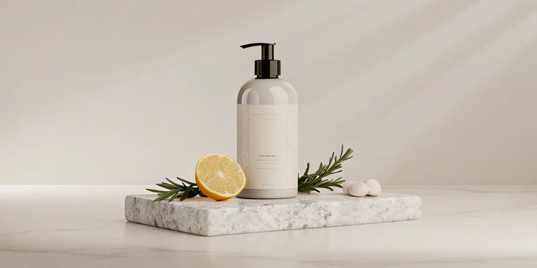 Elegant hand soap bottle on marble with fresh botanical ingredients