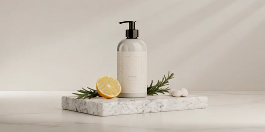 Elegant hand soap bottle on marble with fresh botanical ingredients