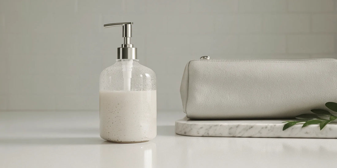 Hand soap refill pack next to a glass soap dispenser.