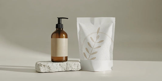 Hand soap refill pouch beside a reusable amber dispenser