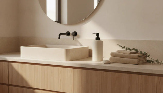 Hotel amenities supplier guide with a refined reusable soap dispenser in a guest bathroom