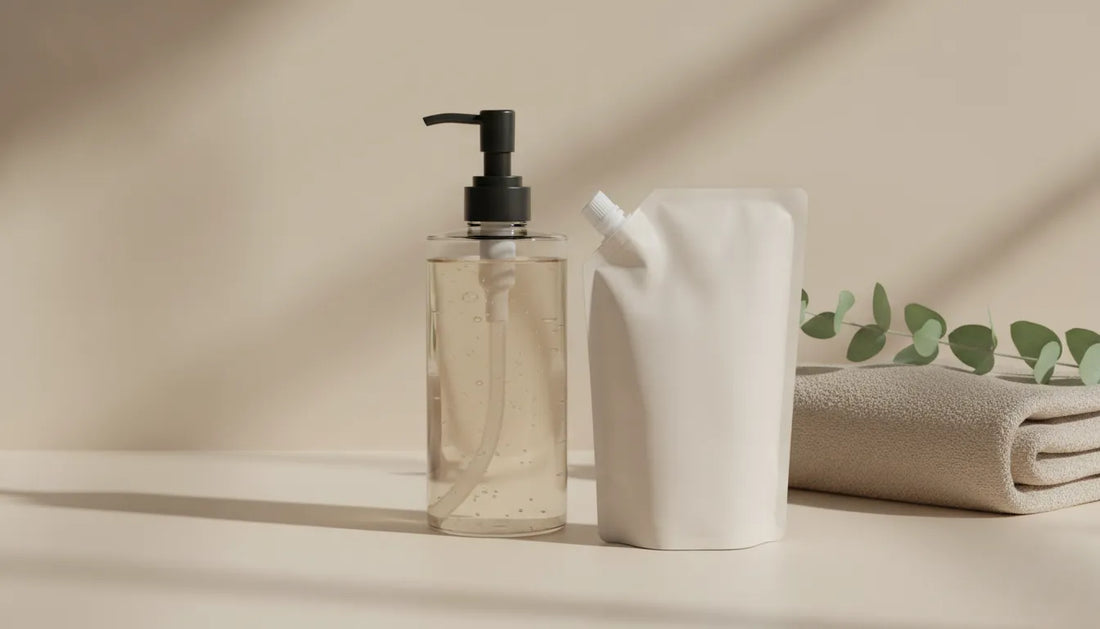 Refillable body wash dispenser beside a kraft paper refill pouch on a clean bathroom counter