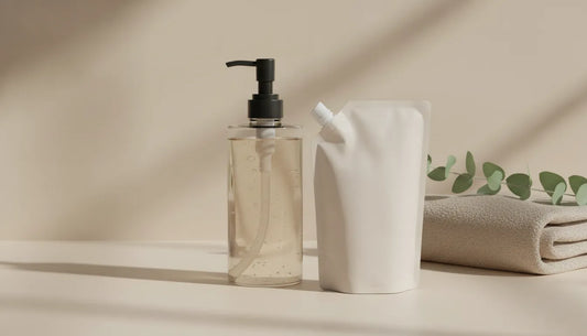 Refillable body wash dispenser beside a kraft paper refill pouch on a clean bathroom counter