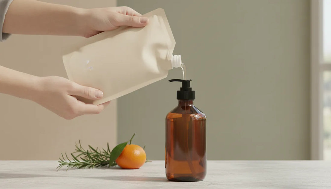 Hands pouring liquid soap from a kraft-paper refill pouch into a reusable glass dispenser bottle on a clean stone countertop