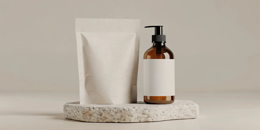 Amber hand soap dispenser and kraft paper refill pouch