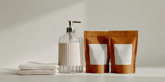 Modern sustainable bathroom with refillable glass soap dispenser and kraft-paper refill pouches on marble countertop