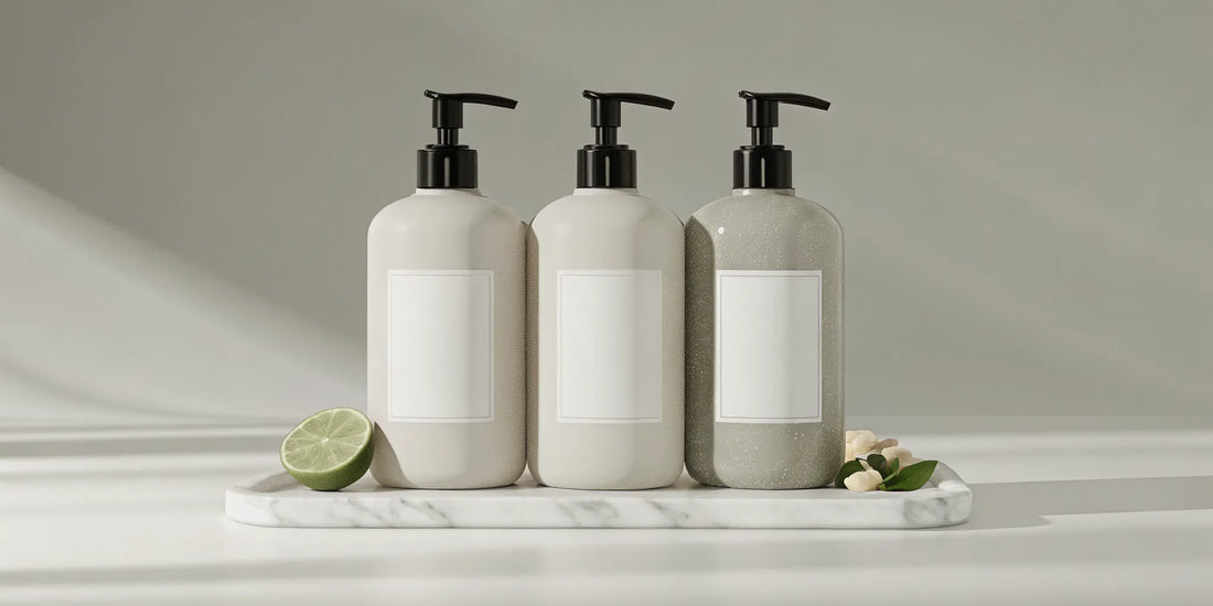 Three bottles of bergamot body wash on a tray with fresh lime and botanicals.