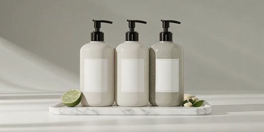 Three bottles of bergamot body wash on a tray with fresh lime and botanicals.