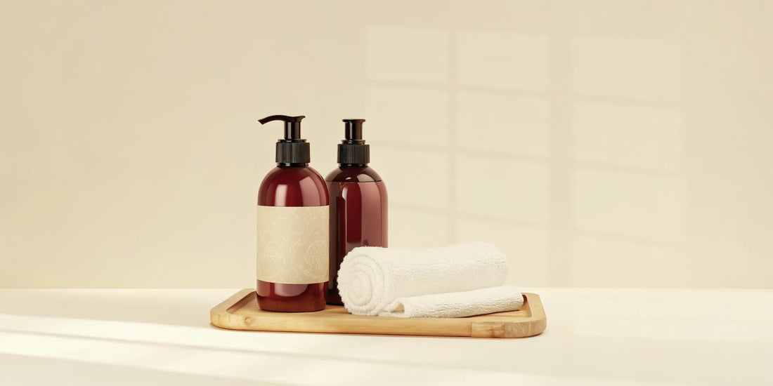 Eco friendly hand wash in refillable bottles on a wooden tray with a clean towel.