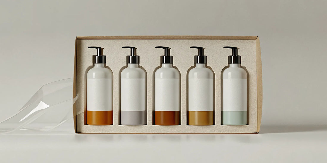 A five-bottle hand soap multipack with various scents in eco-friendly packaging.