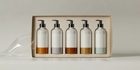 A five-bottle hand soap multipack with various scents in eco-friendly packaging.
