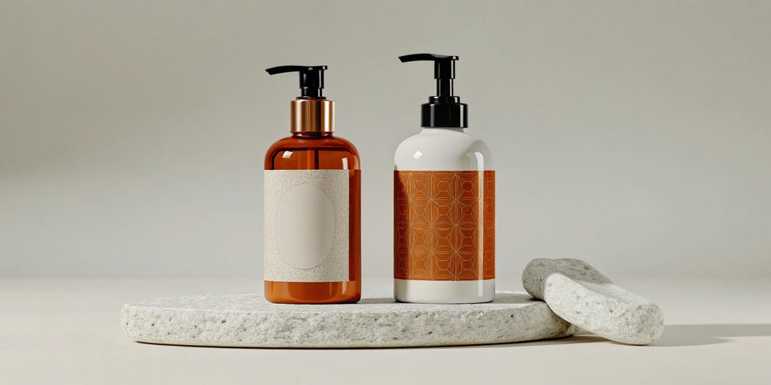 A liquid soap refill pack and a matching pump dispenser on a modern tray.