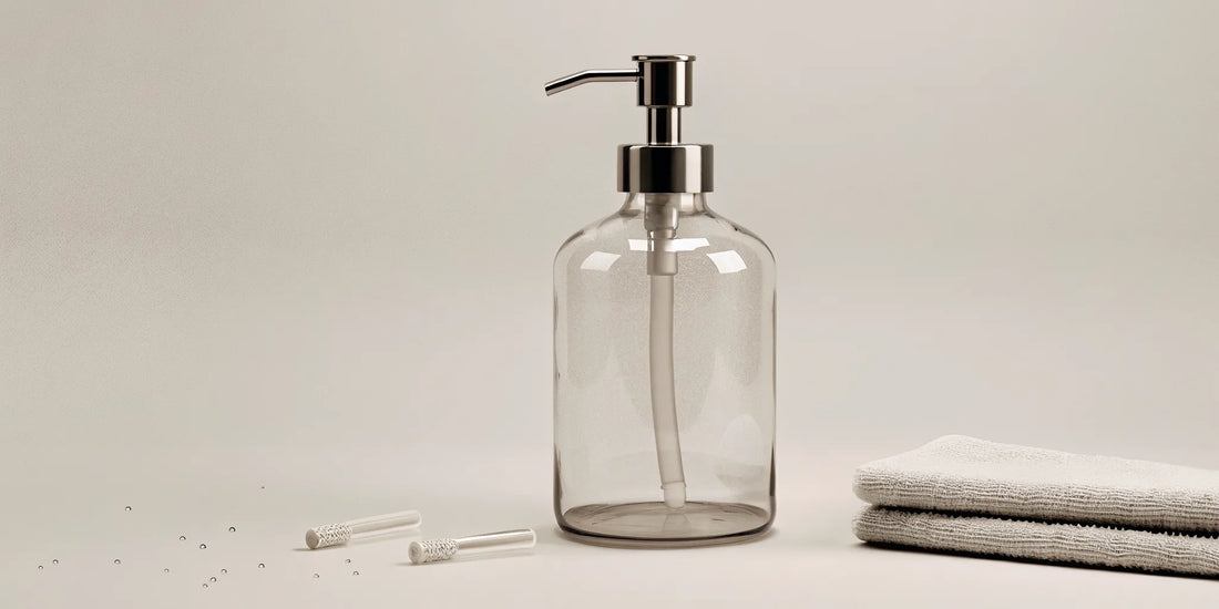 A clear soap pump with its parts laid out, showing how to fix a clogged or broken dispenser.