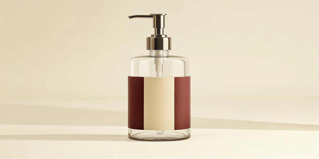 A glass dispenser filled with liquid hand wash from a refill pack.