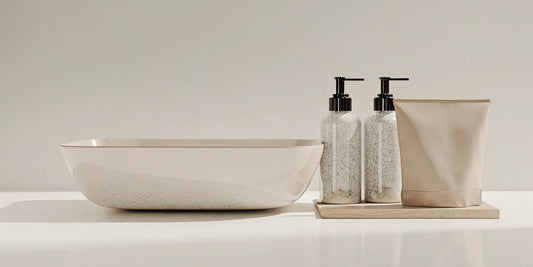 A bathroom organized with refillable dispensers to show how to reduce plastic waste.