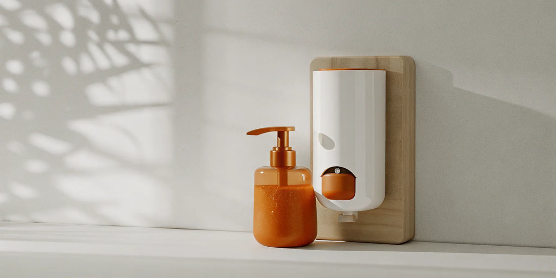 How to refill a wall mounted soap dispenser with a new bottle of soap.