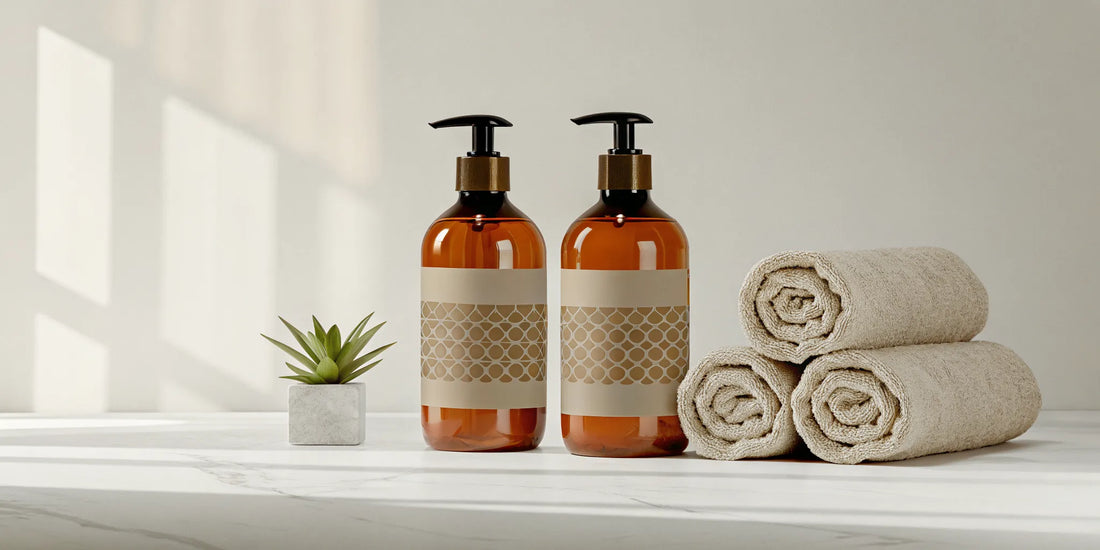 Eco-luxury vacation rental bathroom with matching glass soap dispensers and a kraft-paper refill pouch on a marble counter