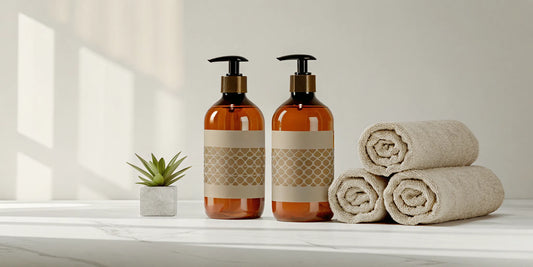 Eco-luxury vacation rental bathroom with matching glass soap dispensers and a kraft-paper refill pouch on a marble counter