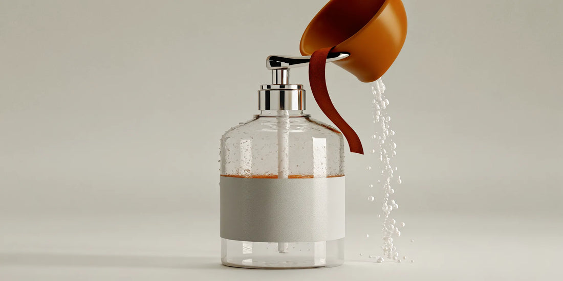 Refilling a soap dispenser with liquid soap using a funnel.