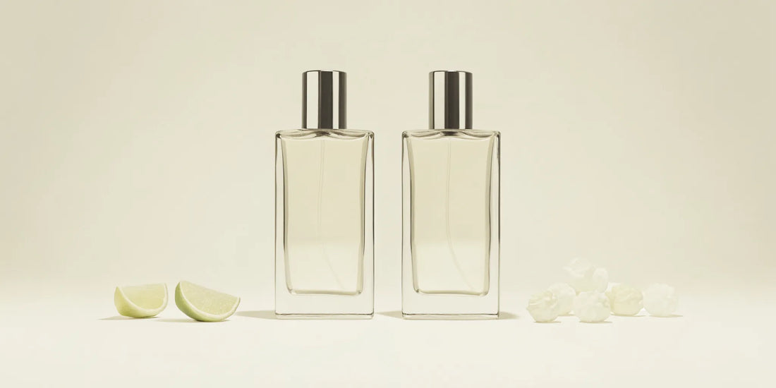 Jo Malone vs AEP perfume bottles styled with lime wedges and white flowers.