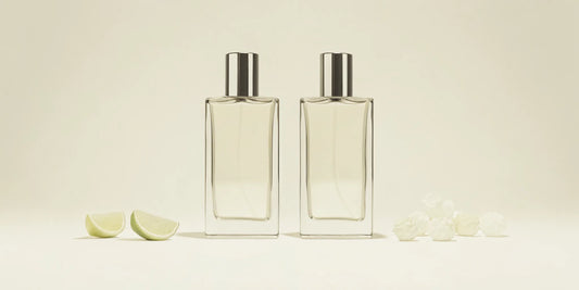 Jo Malone vs AEP perfume bottles styled with lime wedges and white flowers.