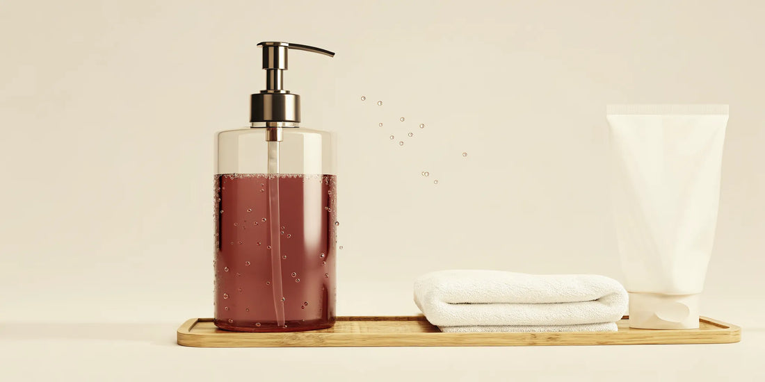 A liquid hand wash refill pouch next to a reusable soap dispenser on a bathroom tray.