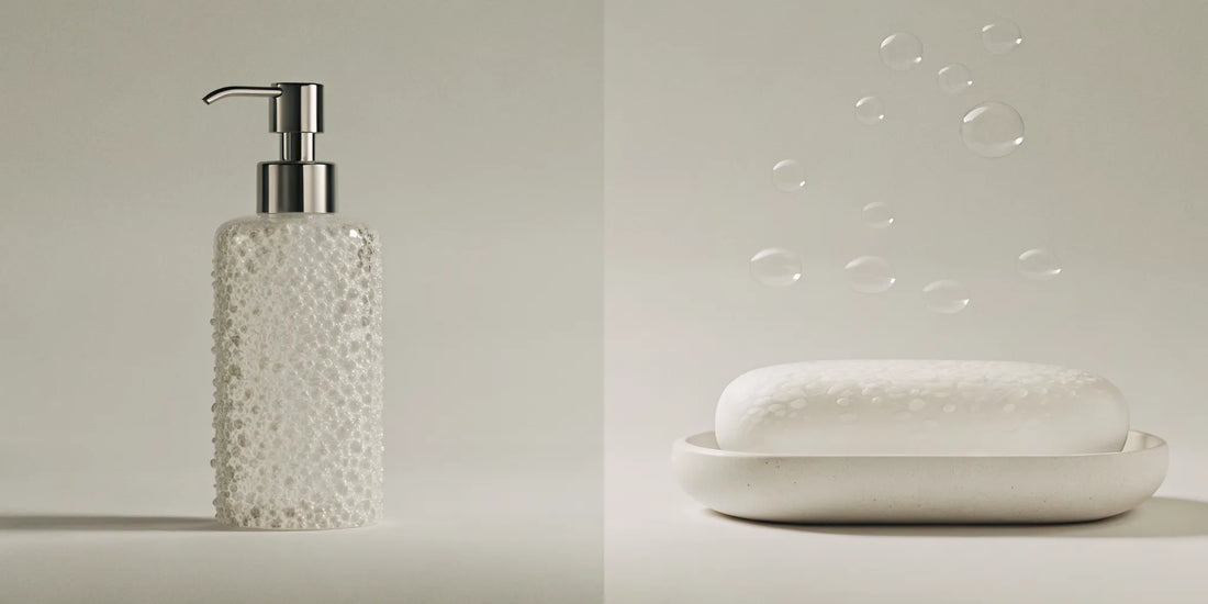 Liquid soap in a pump dispenser vs a bar of soap on a dish.