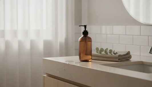 Design-led guest bathroom with a minimalist hand soap dispenser on a stone vanity