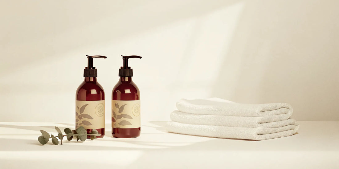 Refillable glass soap dispensers and folded towels on a luxury Airbnb bathroom vanity