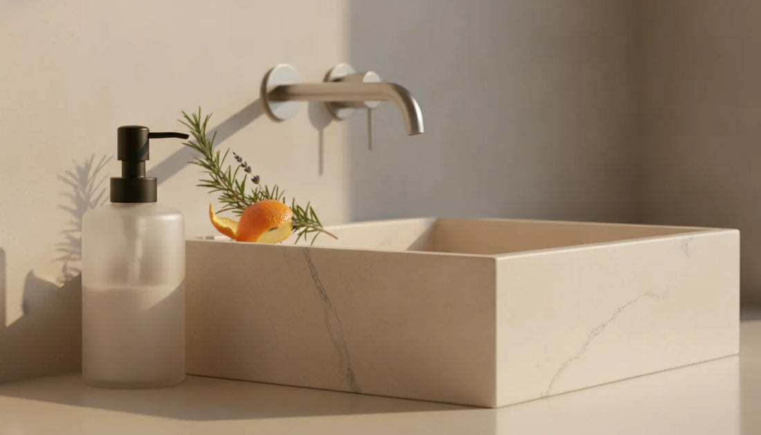 Luxury hand soap for high end clinics in a refined washroom with a reusable translucent dispenser